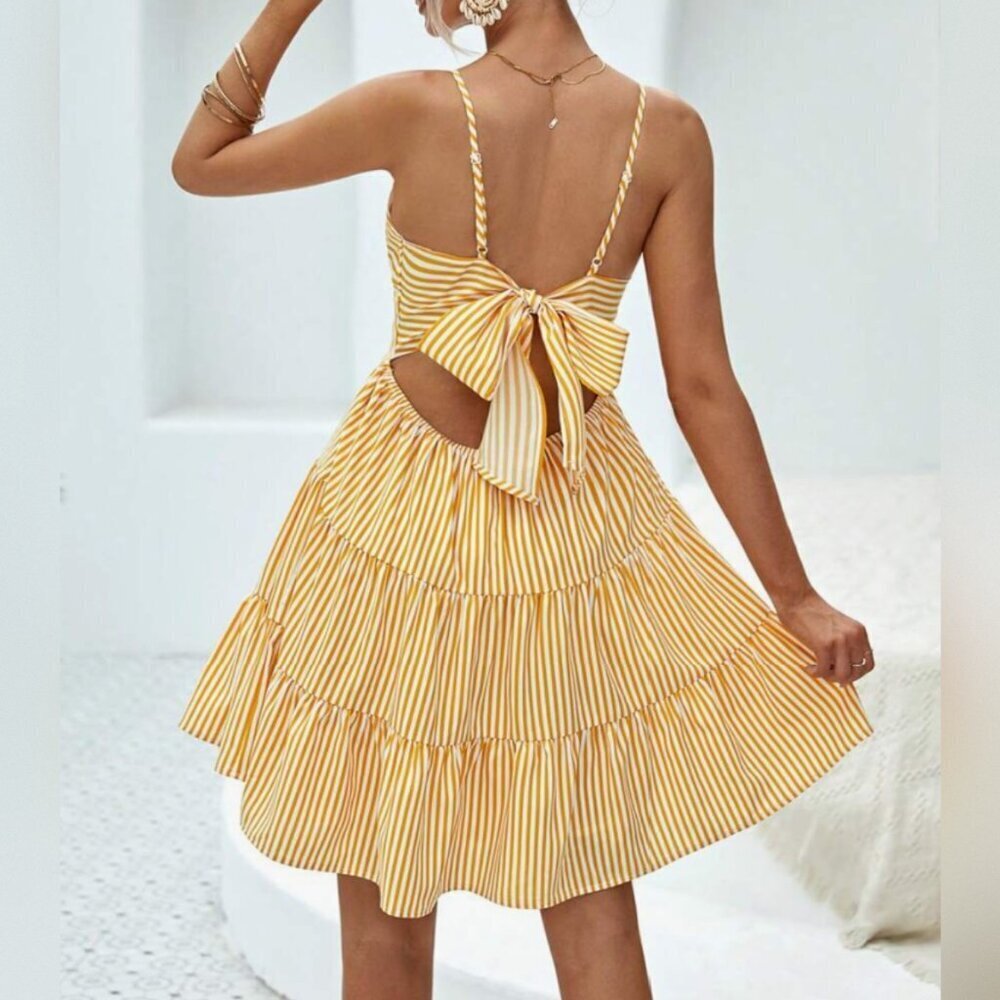 Yellow and White Striped Tie Back Dress